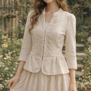 ELLE Cream Lace Peplum Jacket Blazer Top Women's Small Boho Cottagecore Cotton